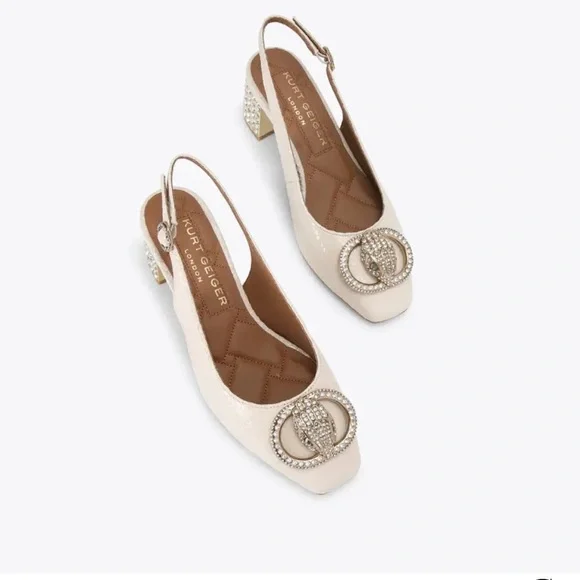 Cream Slingback Heels with Embellished Block Heel - Picture 2 of 10